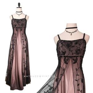 Vintage Cache Prom Dress Maxi Gown 10 Pink Black Fairy Goth Ombre 90s Y2K Bead